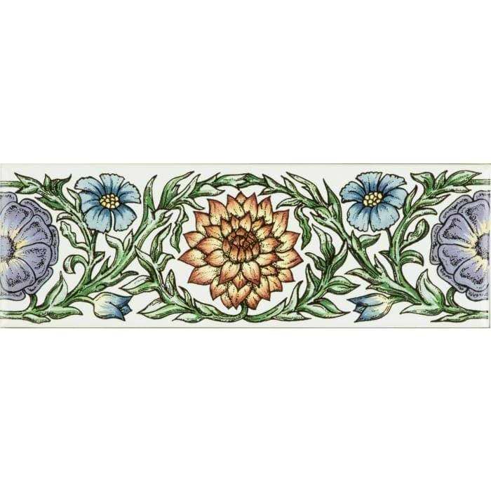 Original Style Tiles - Ceramic 152 x 50 x 7mm - Per Piece Knot Garden Blue & Yellow Classical Decorative Border on Brilliant White