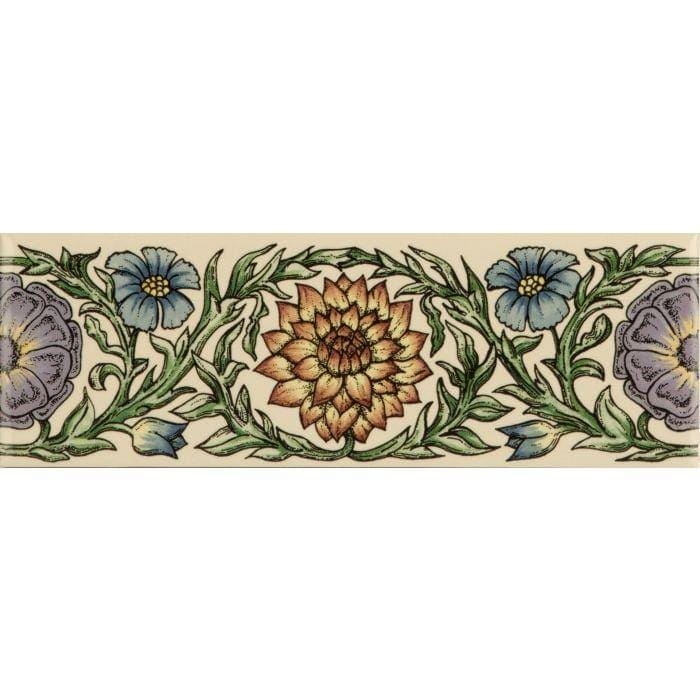 Original Style Tiles - Ceramic 152 x 50 x 7mm - Per Piece Knot Garden Blue & Yellow Classical Decorative Border on Colonial White