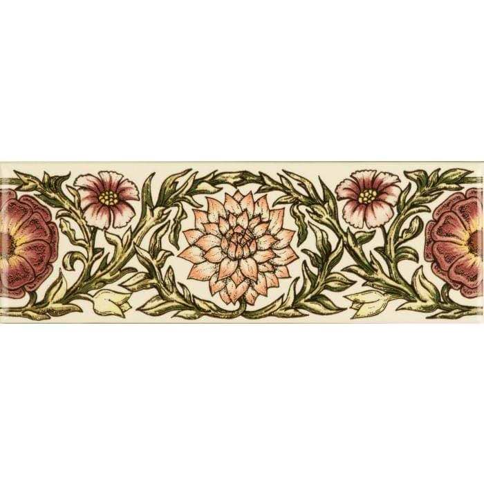 Original Style Tiles - Ceramic 152 x 50 x 7mm - Per Piece Knot Garden, Pink Classical Decorative Border, on Colonial White