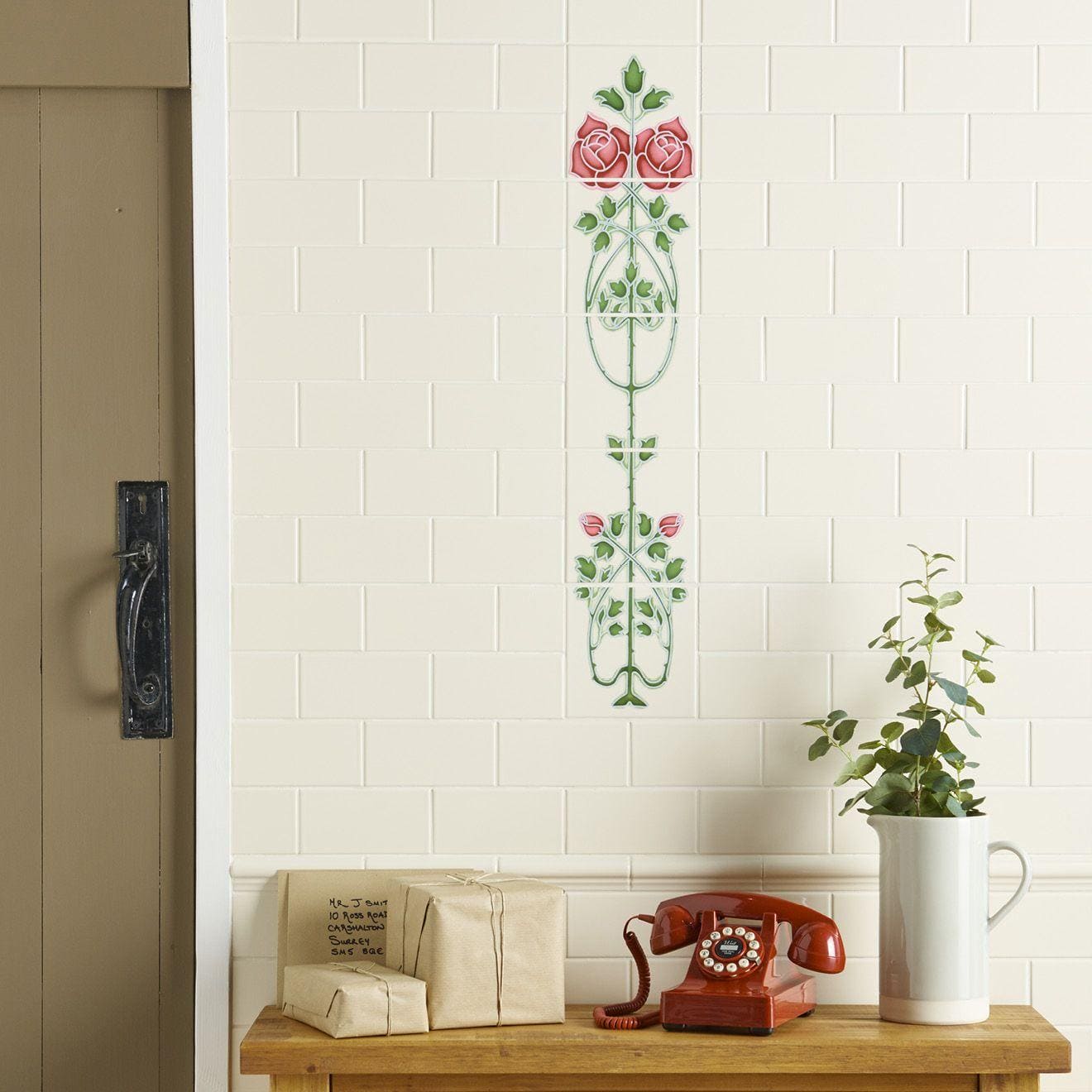Rose And Bud Raised - Line Tiles 5 - Tile Set on Colonial White - Hyperion Tiles