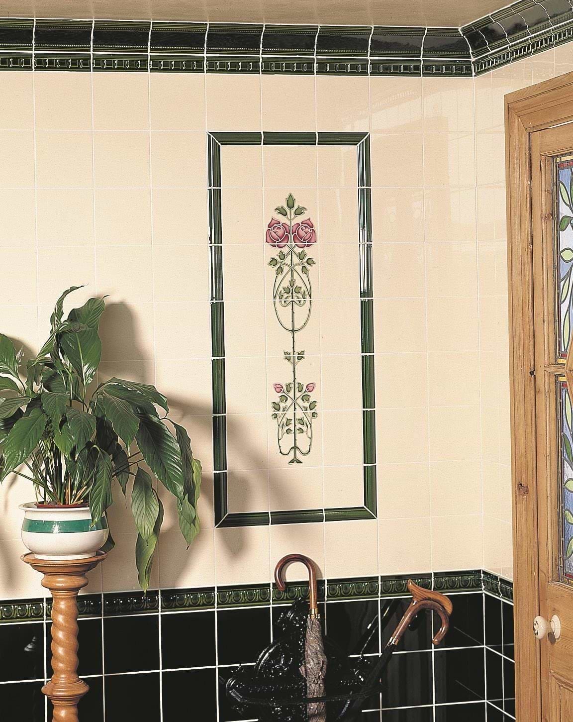 Rose And Bud Raised-Line Tiles 5-Tile Set on Colonial White - Hyperion Tiles