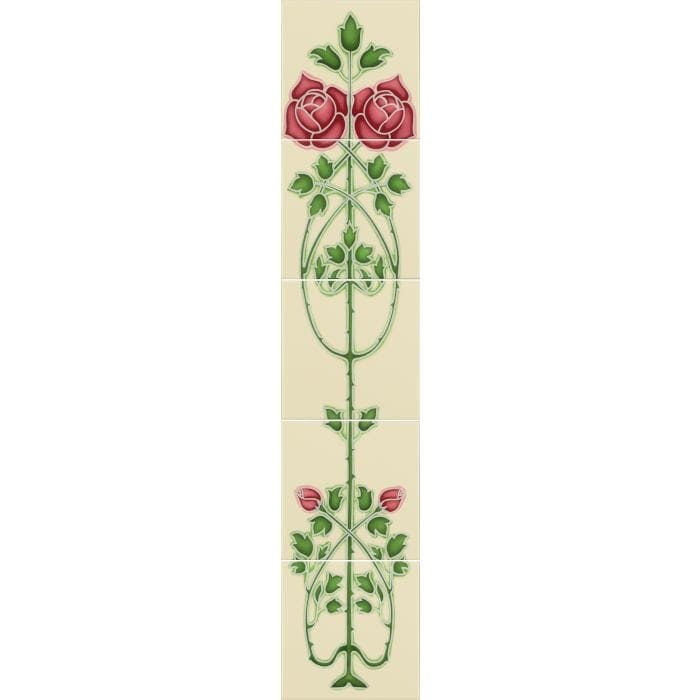 Rose And Bud Raised - Line Tiles 5 - Tile Set on Colonial White - Hyperion Tiles