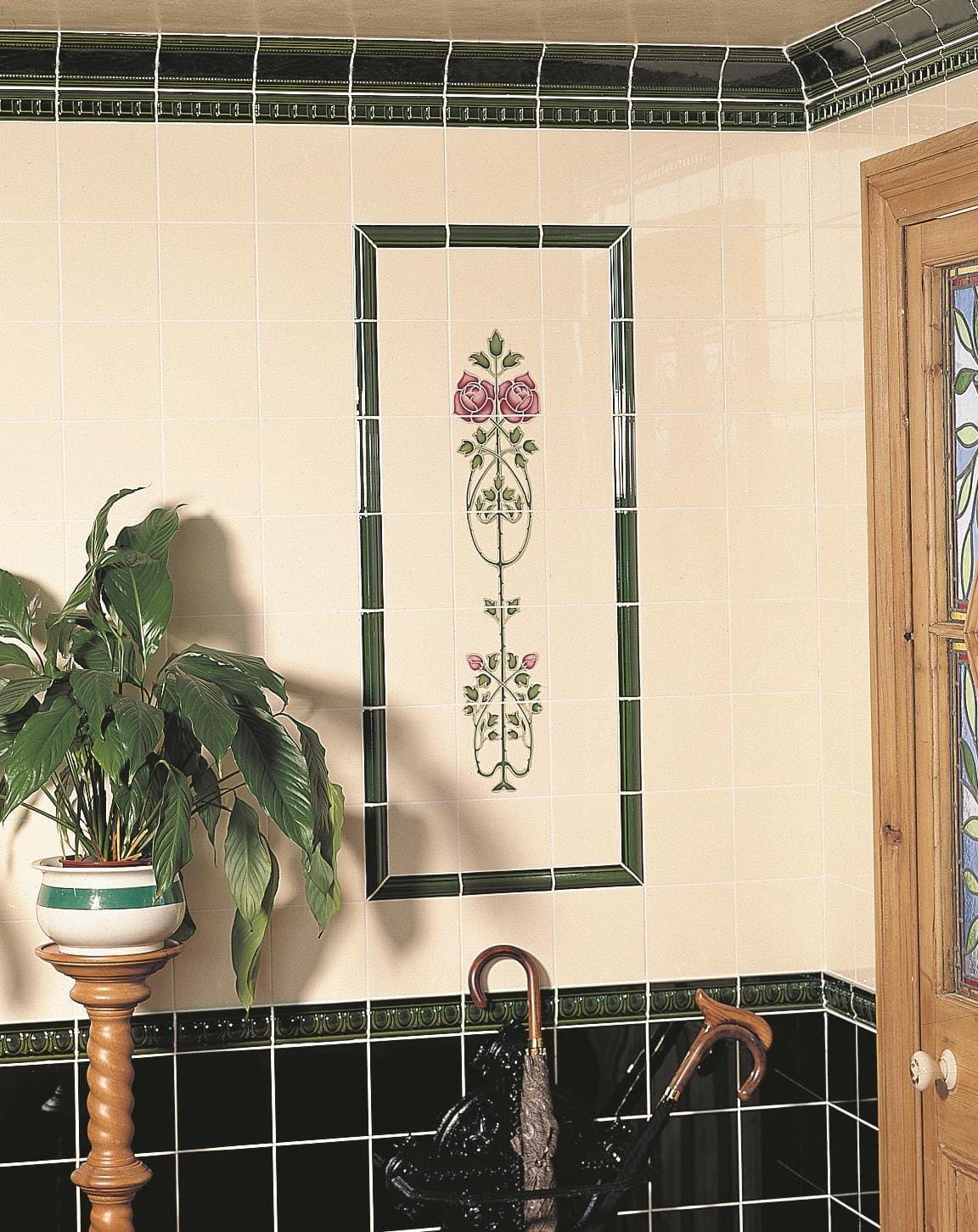 Rose And Bud Raised - Line Tiles 5 - Tile Set on Colonial White - Hyperion Tiles