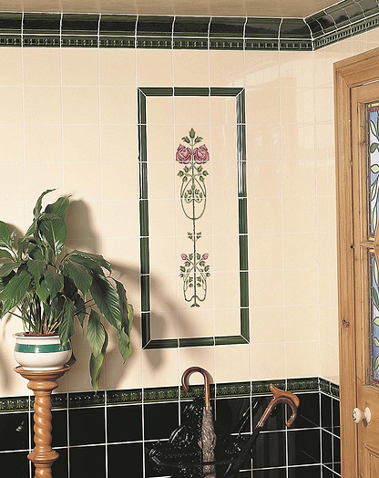 Rose And Bud Raised - Line Tiles 5 - Tile Set on Colonial White - Hyperion Tiles