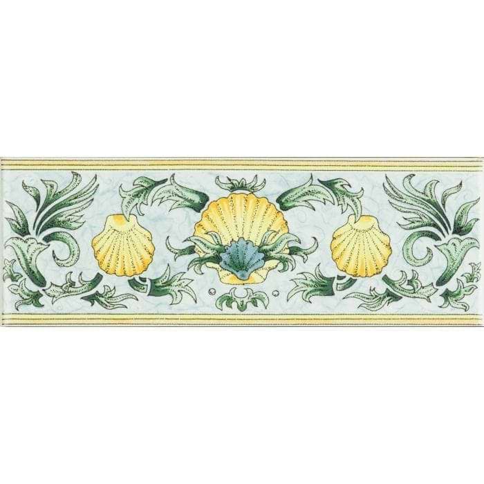 Scallop Shells Blue &amp; Yellow Classical Decorative Border on Brilliant White - Hyperion Tiles