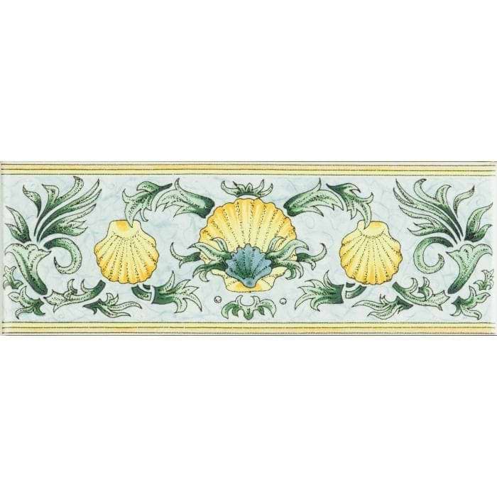 Scallop Shells Blue &amp; Yellow Classical Decorative Border on Brilliant White - Hyperion Tiles