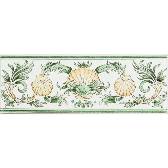 Scallop Shells Green & Buff Classical Decorative Border on Brilliant White - Hyperion Tiles