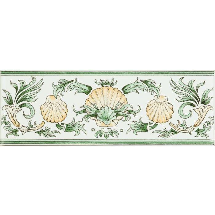 Scallop Shells Green & Buff Classical Decorative Border on Brilliant White - Hyperion Tiles
