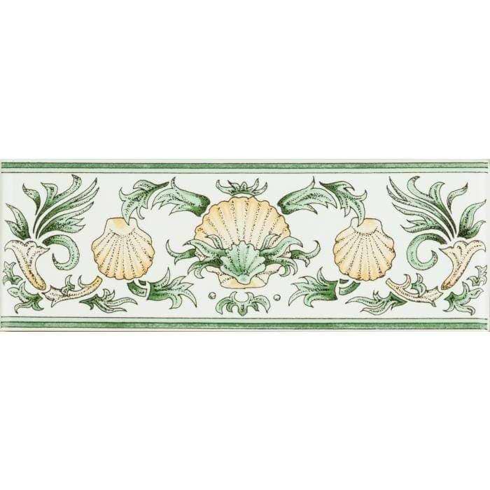 Scallop Shells Green &amp; Buff Classical Decorative Border on Brilliant White - Hyperion Tiles