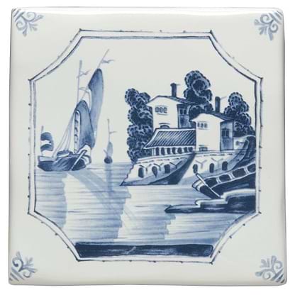 Ship and House Delft River Scene - Hyperion Tiles