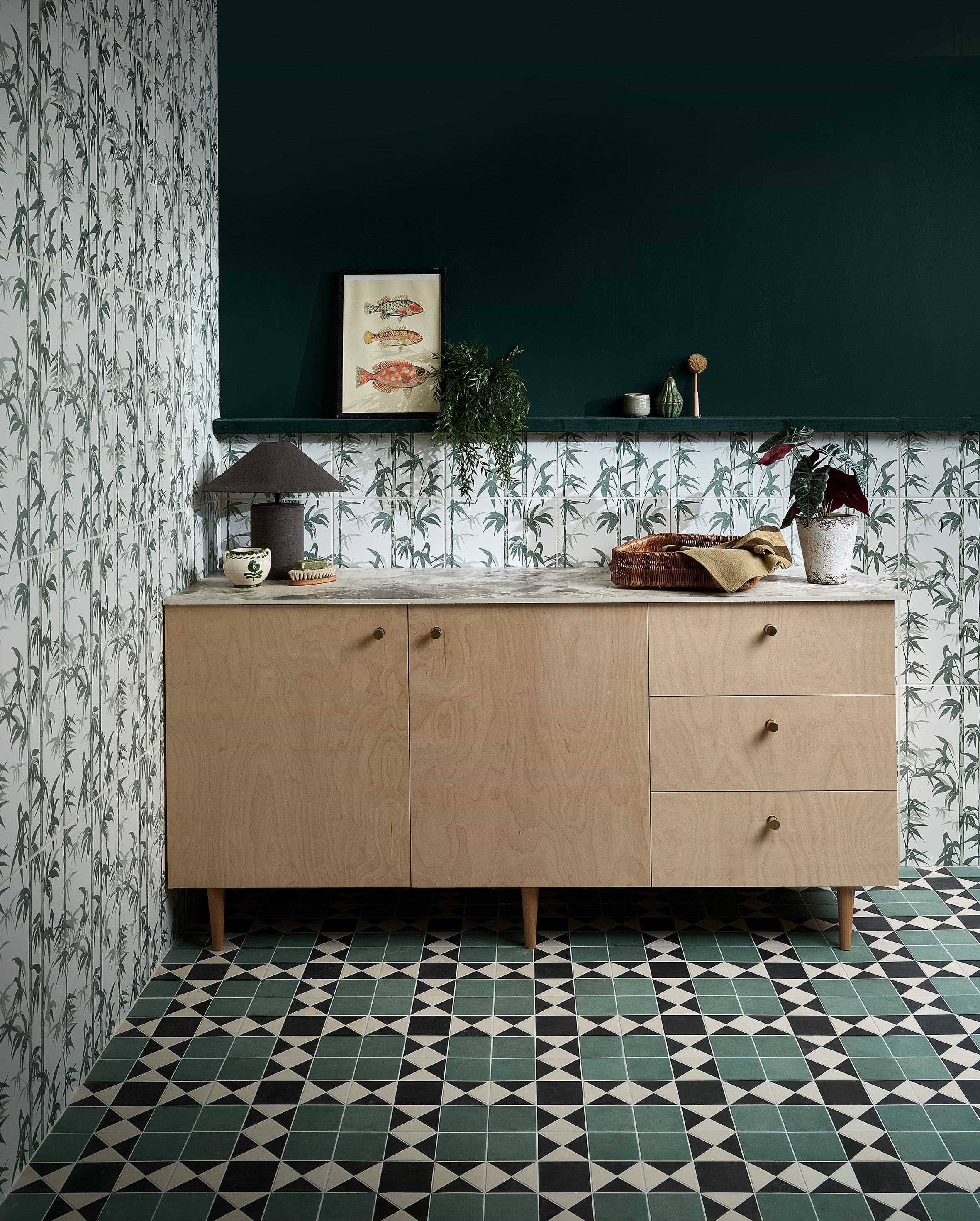 Silk Screen tile collection stocked by Hyperion Tiles Willow Cottage in Smoke Green and Finchley in Forest Green