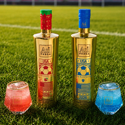 Two Au Vodka USA bottles, Strawberry Burst and Blue Raspberry, with matching cocktails on a soccer field