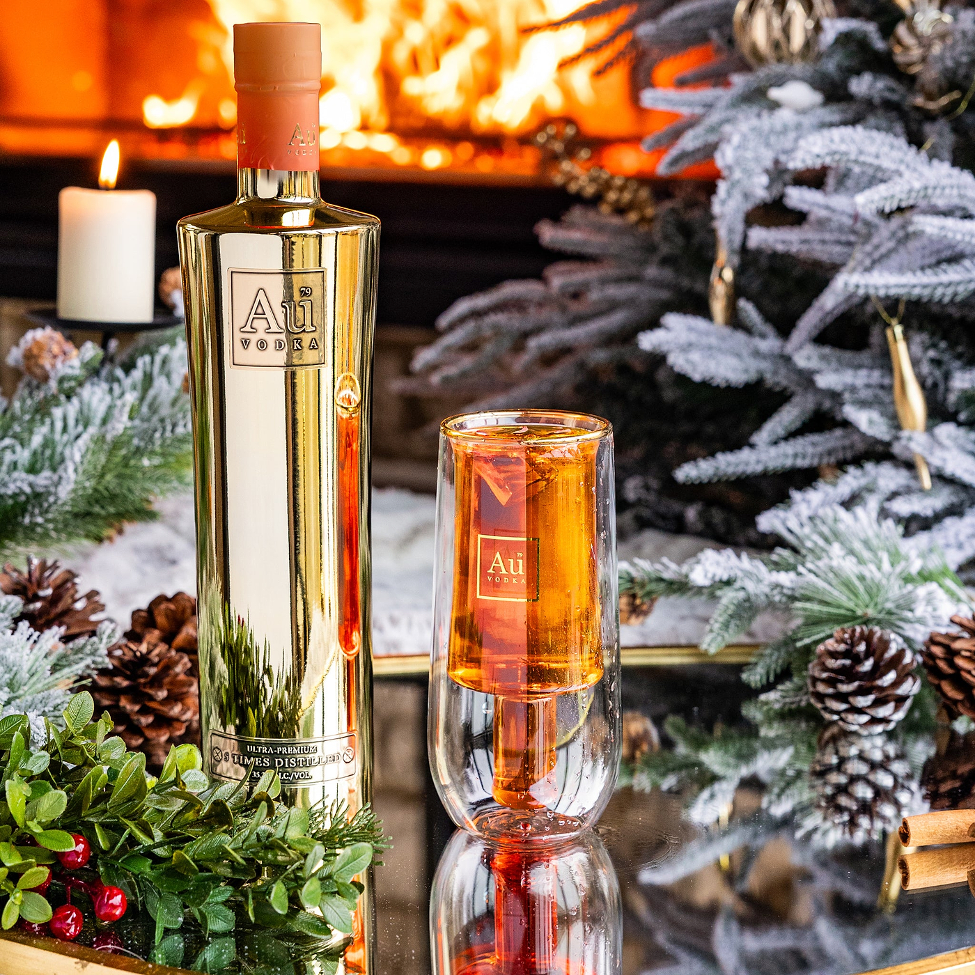 Au Vodka 70cl & Double Wall Bottle Glass Bundle
