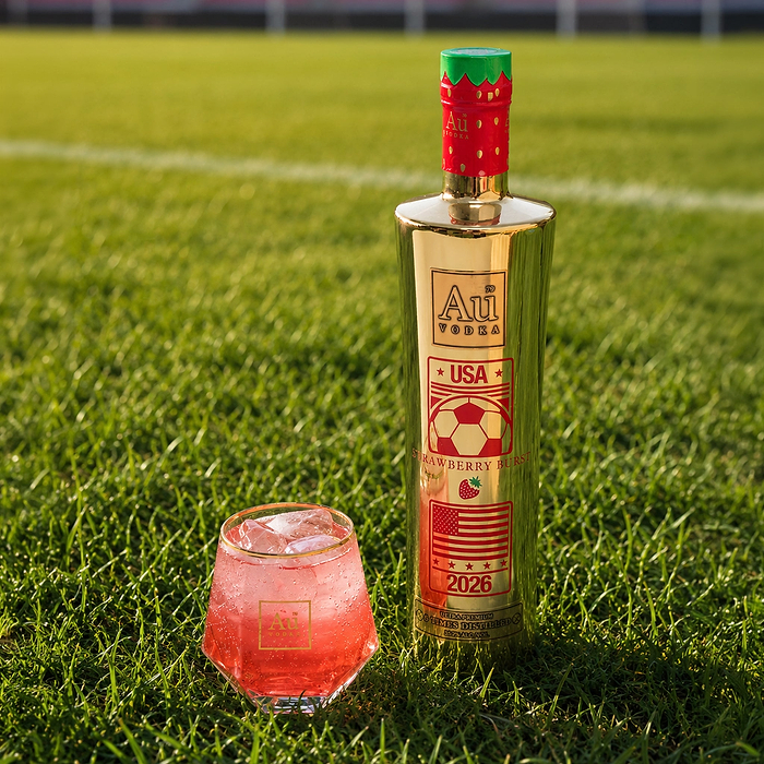 Au Vodka USA Gold bottle with a red cap on green grass next to a red drink