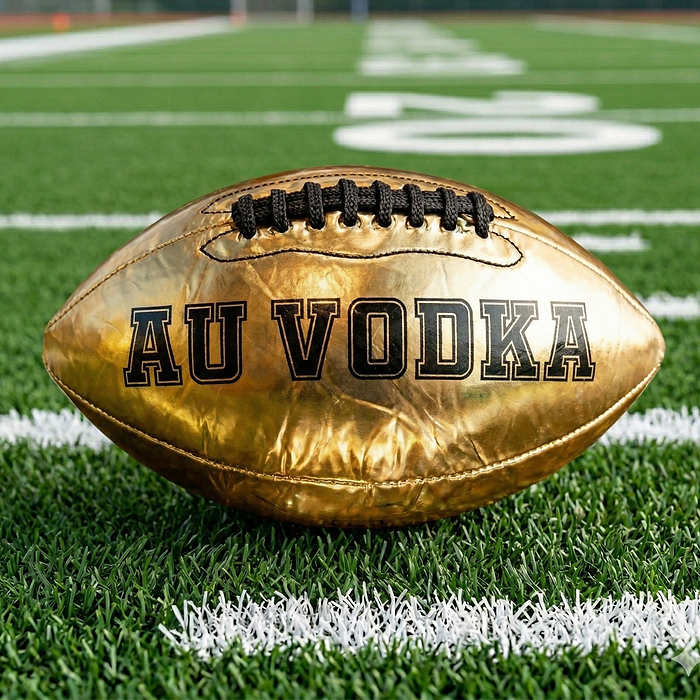 Au Vodka USA LLC gold football merchandise on a green field with white lines
