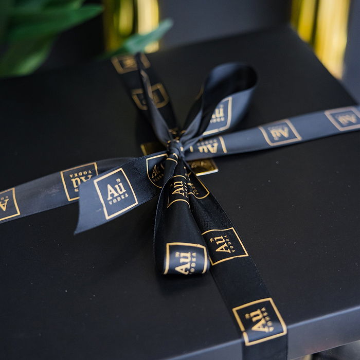 Gift Box with Black Ribbon, in Au Vodka Branding. 