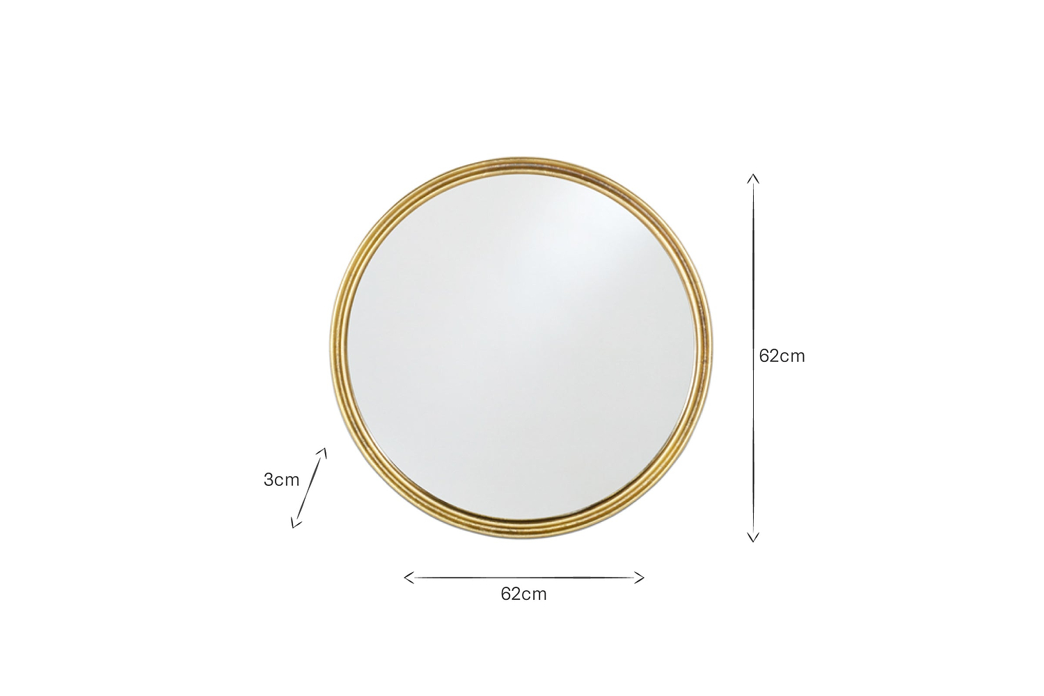The nkuku Almora Round Mirror - Small features a slim gold-toned frame and vintage charm. With a 62 cm diameter and 3 cm thickness, it’s shown against a plain white background with black arrows indicating its size.