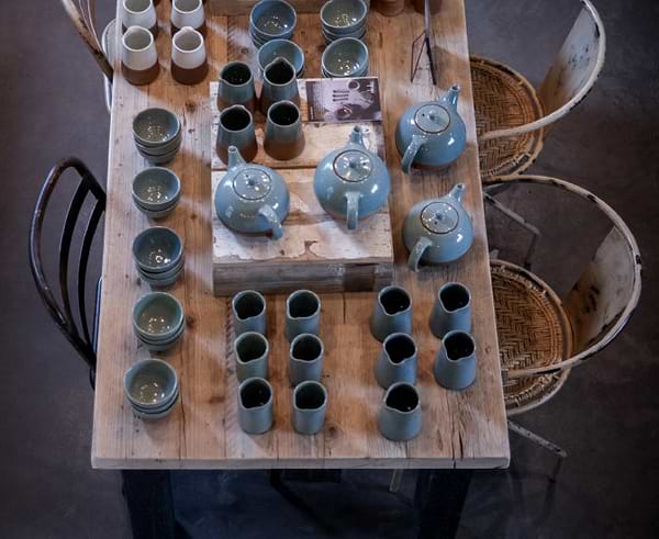 Aerial view of ceramics on a table