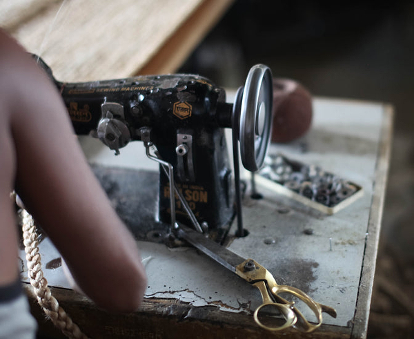 Traditional sewing machine stitching hemp