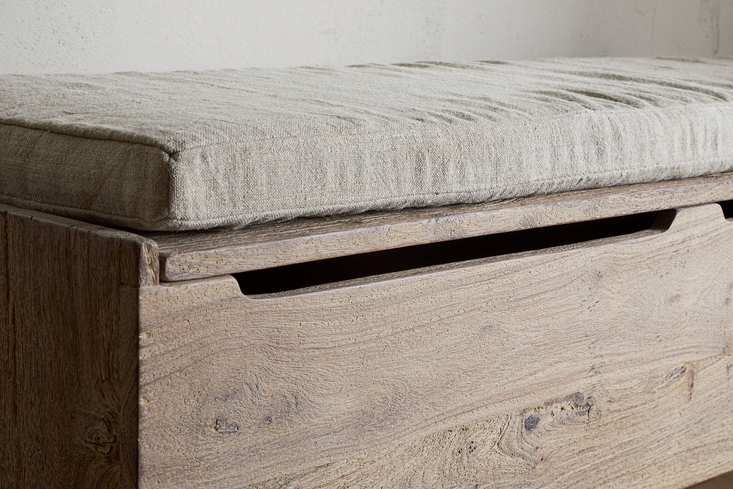 Teni Reclaimed Wood Storage Bench with Upholstered Linen Cushion - Natural