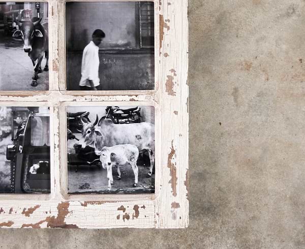 Rustic white photo frame with black and white photos