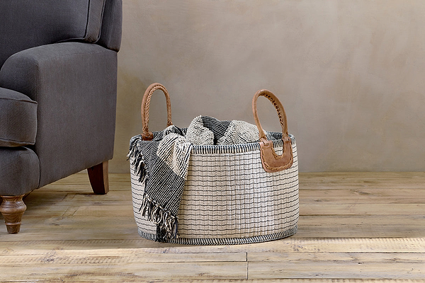 Anjuli Jute & Cotton Basket - Off White & Black