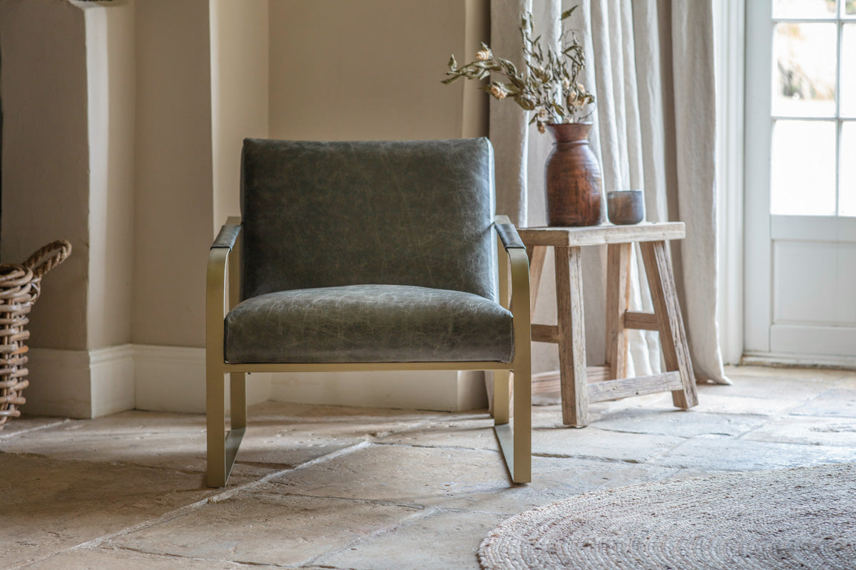 Adra Leather & Brass Occasional Chair - Moss Green- nkuku