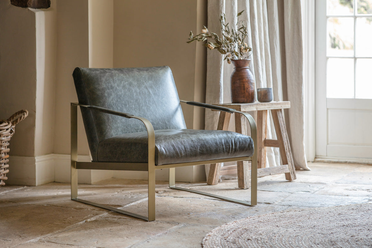 Adra Leather & Brass Occasional Chair - Moss Green- nkuku