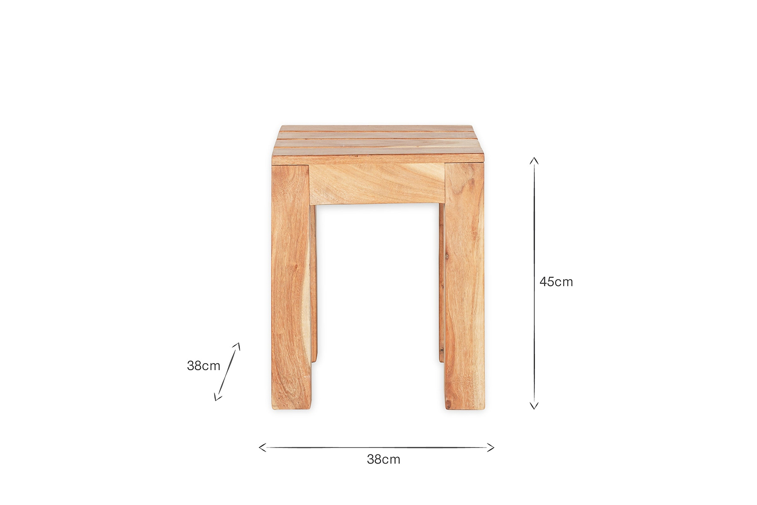 The nkuku Anbarasi Acacia Side Table in natural finish features a square, slatted top and straight legs. Measuring 45 cm tall, 38 cm wide, and 38 cm deep, it boasts a sleek, modern design against a white background.