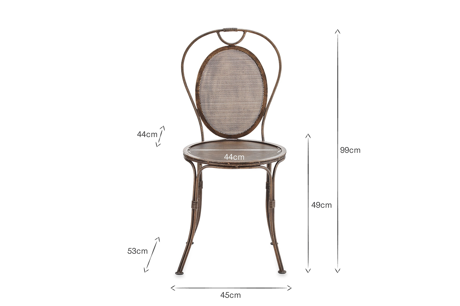 The Parwaha Iron Bistro Chair by nkuku features a brown metal frame, rounded backrest, and woven seat. Dimensions: seat height 49cm, total height 99cm, seat width 44cm, front leg width 45cm, seat depth 44cm, back-to-front depth 53cm.