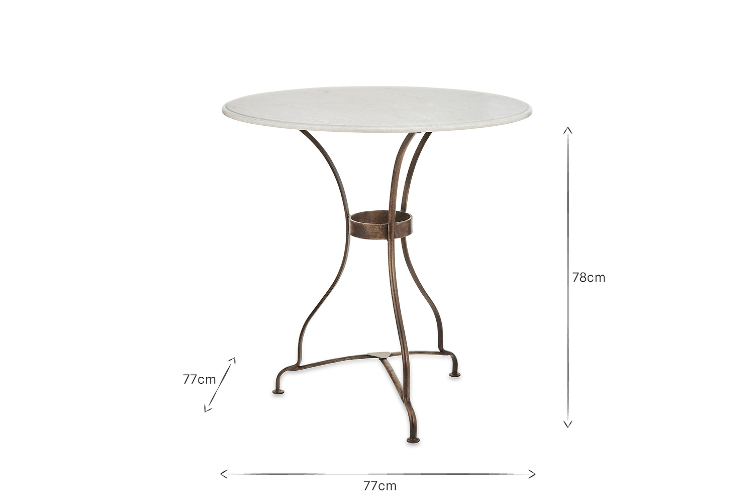 The Parwaha Marble Bistro Table by nkuku features a white marble top and thin, curved metal legs in a dark bronze finish meeting at a central ring. The table measures 78 cm high and 77 cm in diameter.