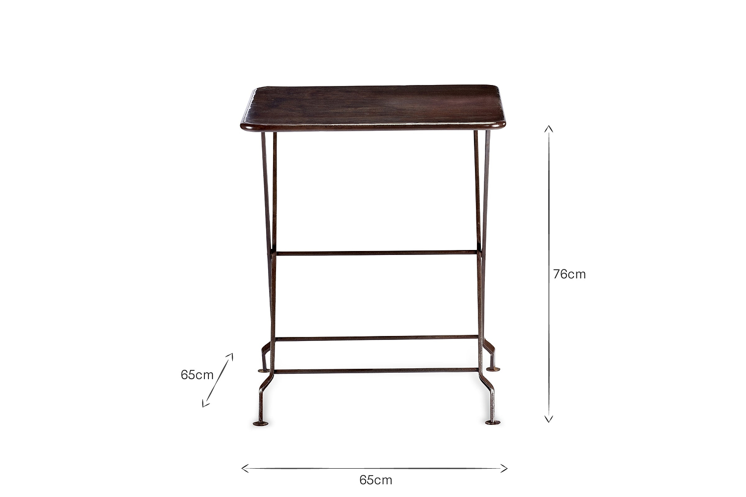 The Ekete Iron Bistro Table - Small by nkuku is a sleek, rectangular folding iron table with thin legs, shown on a white background. Arrows indicate its size: 76cm tall, 65cm wide, and 65cm deep—perfect for any space.