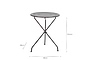 The Jeavika Iron Outdoor Bistro Table by nkuku features a round dark brown metal top with decorative cutouts, three slender curved legs joined at the center, and measures 60cm W x 60cm D x 74.5cm H, shown on a white background.