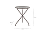The Jeavika Iron Outdoor Bistro Table by nkuku features a round dark brown metal top with decorative cutouts, three slender curved legs joined at the center, and measures 60cm W x 60cm D x 74.5cm H, shown on a white background.