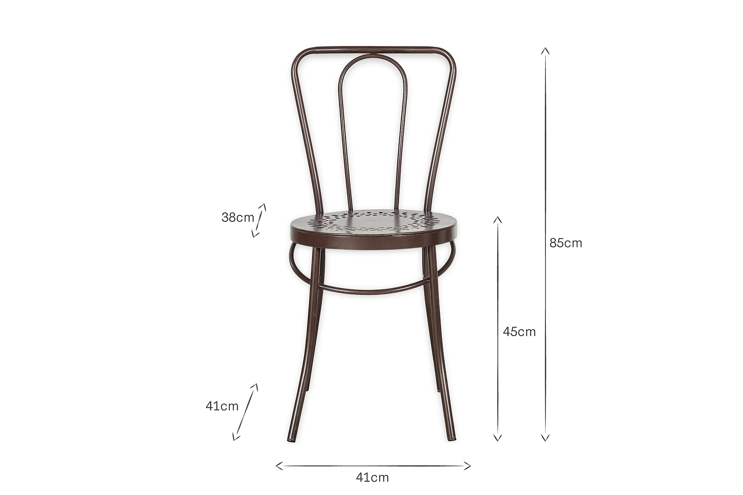 The nkuku Jeavika Iron Outdoor Bistro Chair in dark brown features a rounded backrest, circular perforated seat, and four angled legs. Dimensions: 85cm height, 45cm seat height, 41cm width/depth, 38cm backrest width. Arrows show measurements.