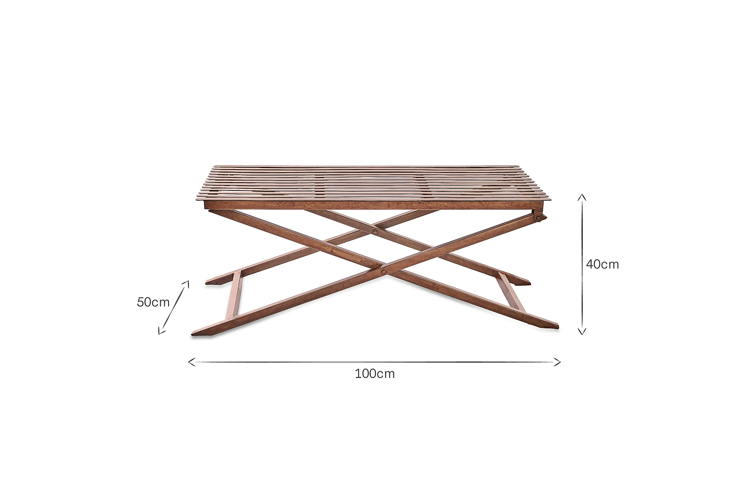 The Odee Outdoor Coffee Table by nkuku features an industrial slat design and crossed legs, shown side-on. Dimensions: 100 cm wide, 50 cm deep, 40 cm high. Its simple, modern look with a natural wood finish is perfect for outdoor spaces.