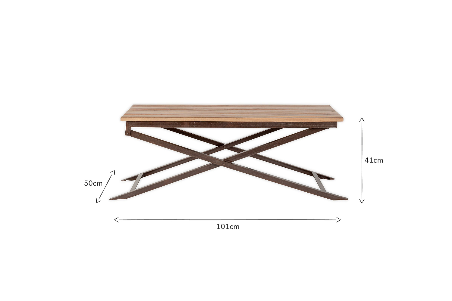 The Yatin Outdoor Coffee Table - Natural by nkuku is shown from the side against a plain white background. Dimensions are labeled: 50 cm depth, 41 cm height, and 101 cm width. The table features a rectangular wood top and metal X-shaped base.