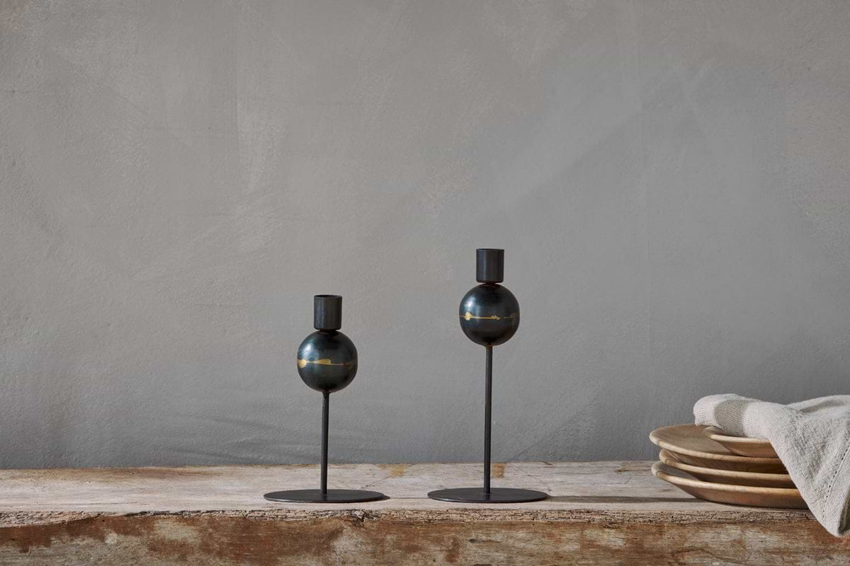 Endo Recycled Iron Candle Holder - Black (Set of 2)-nkuku