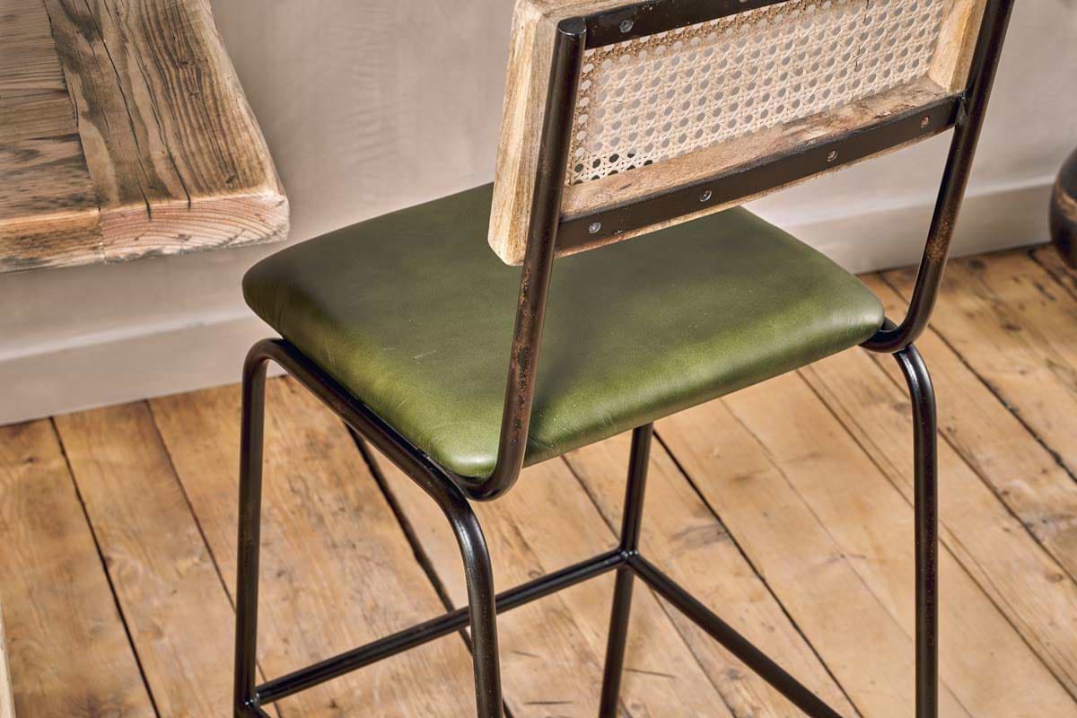 Iswa Leather & Cane Counter Chair - Rich Green