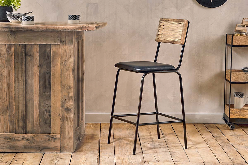 Iswa Leather & Cane Counter Chair - Aged Black
