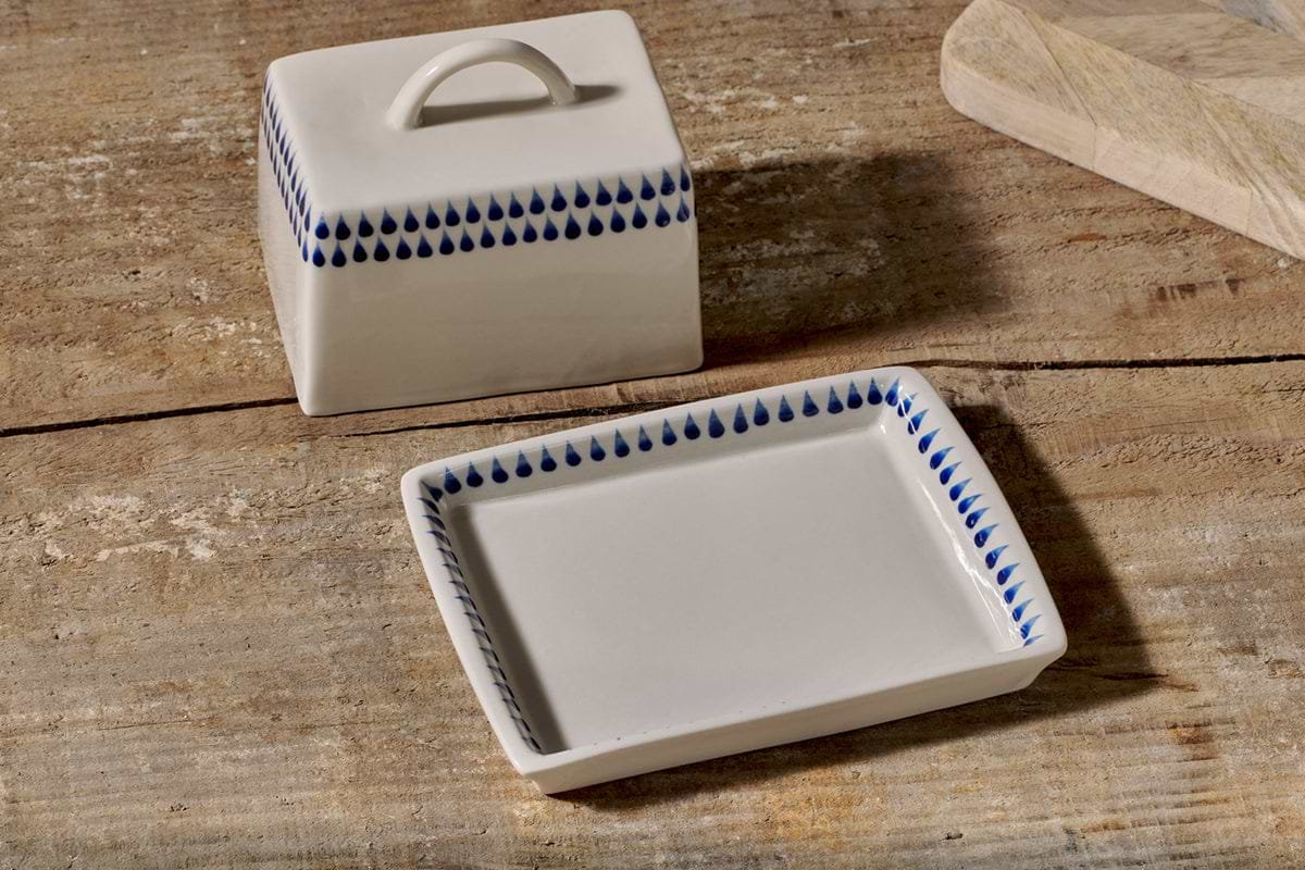 Indigo Drop Butter Dish - Cream & Indigo-nkuku