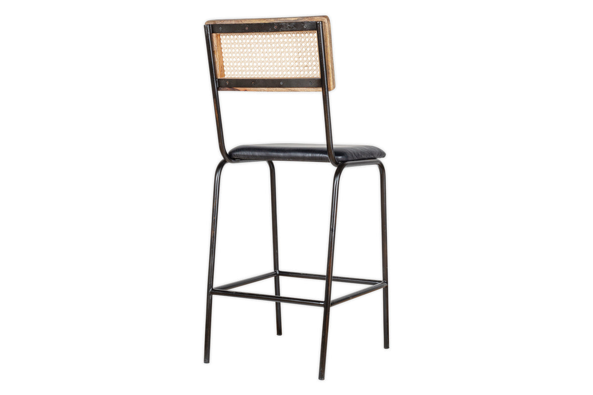 Iswa Leather & Cane Counter Chair - Aged Black-nkuku