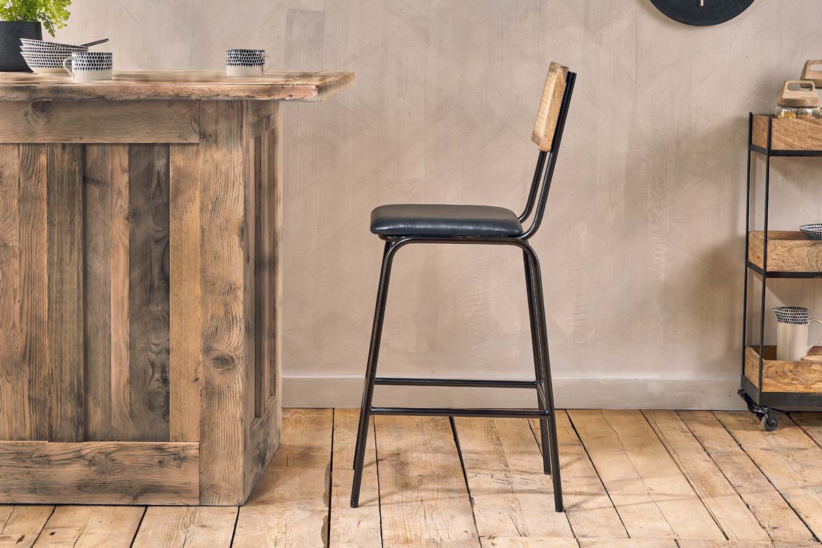 Iswa Leather & Cane Counter Chair - Aged Black-nkuku