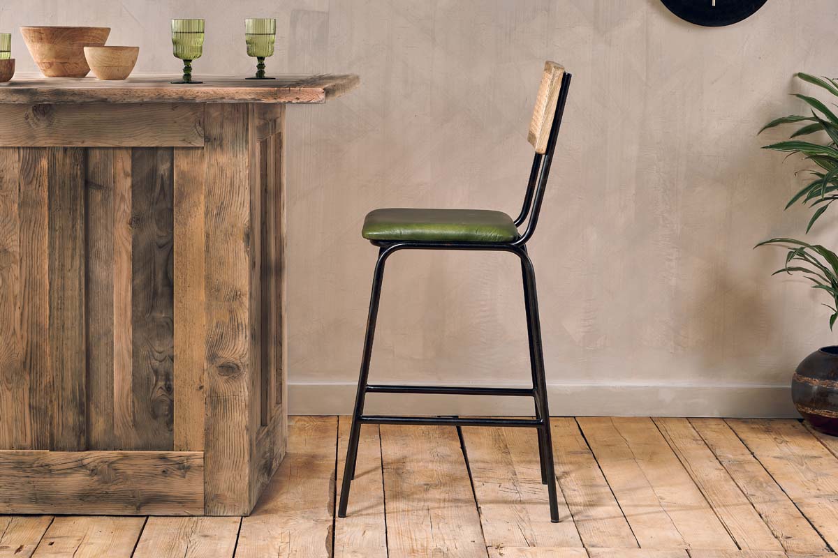 Iswa Leather & Cane Counter Chair - Rich Green-nkuku