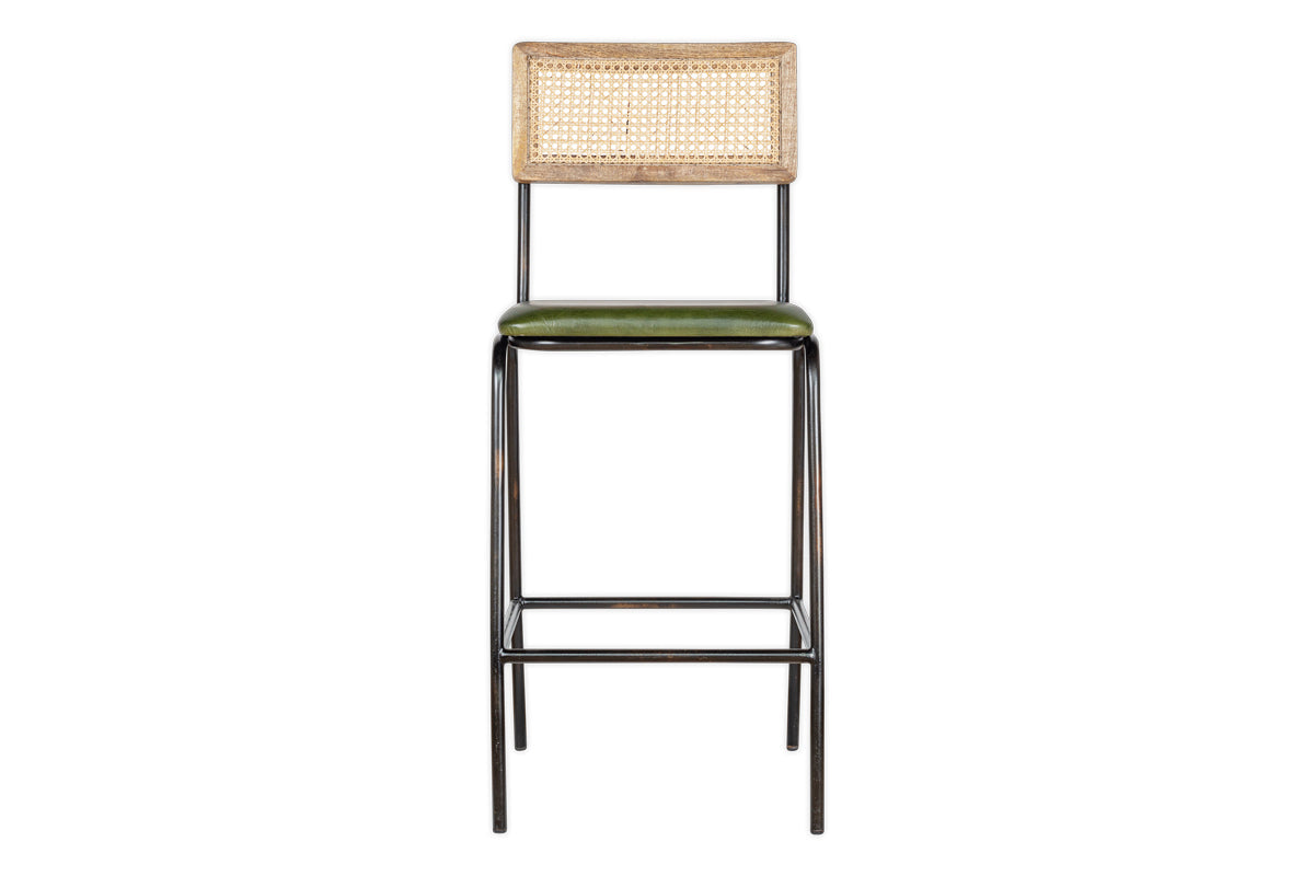 Iswa Leather & Cane Counter Chair - Rich Green-nkuku