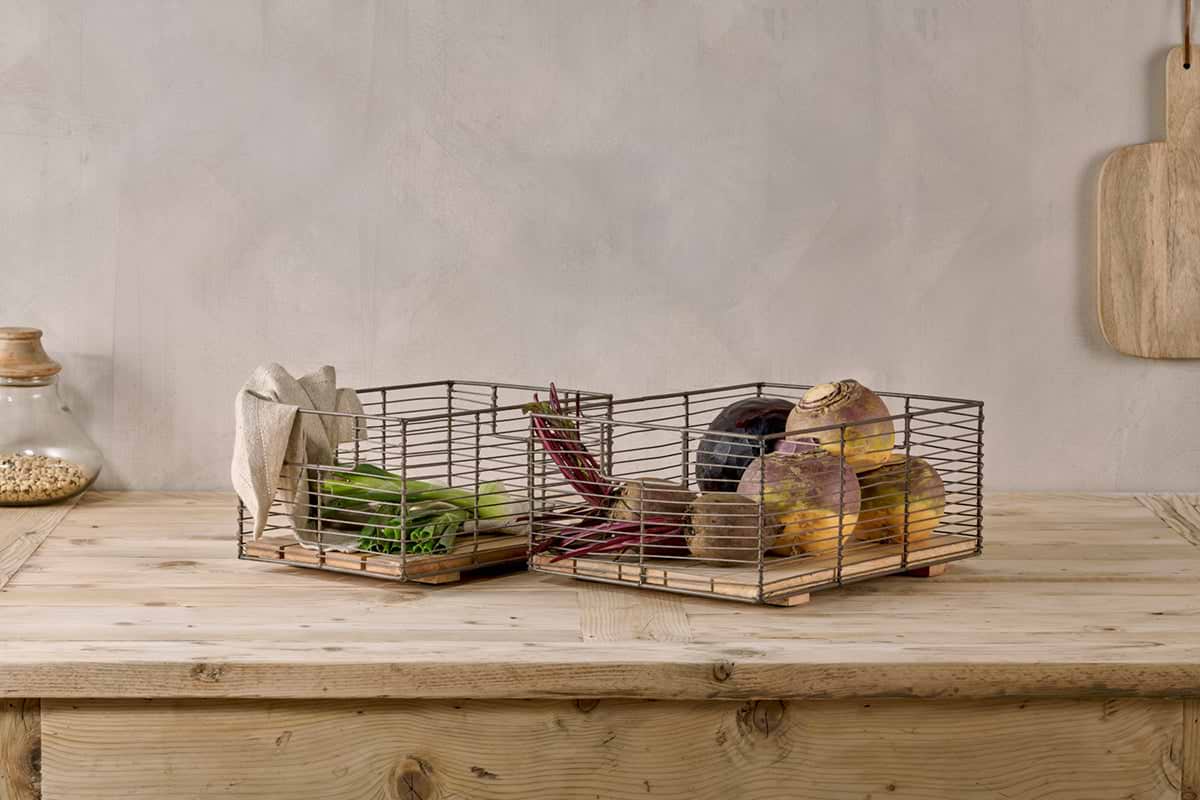 Kochi Iron & Mango Wood Baskets - Brown (Set of 2)