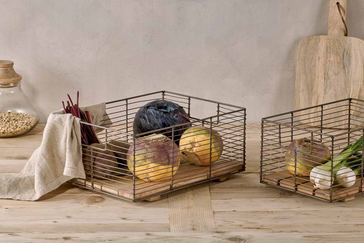 Kochi Iron & Mango Wood Baskets - Brown (Set of 2)