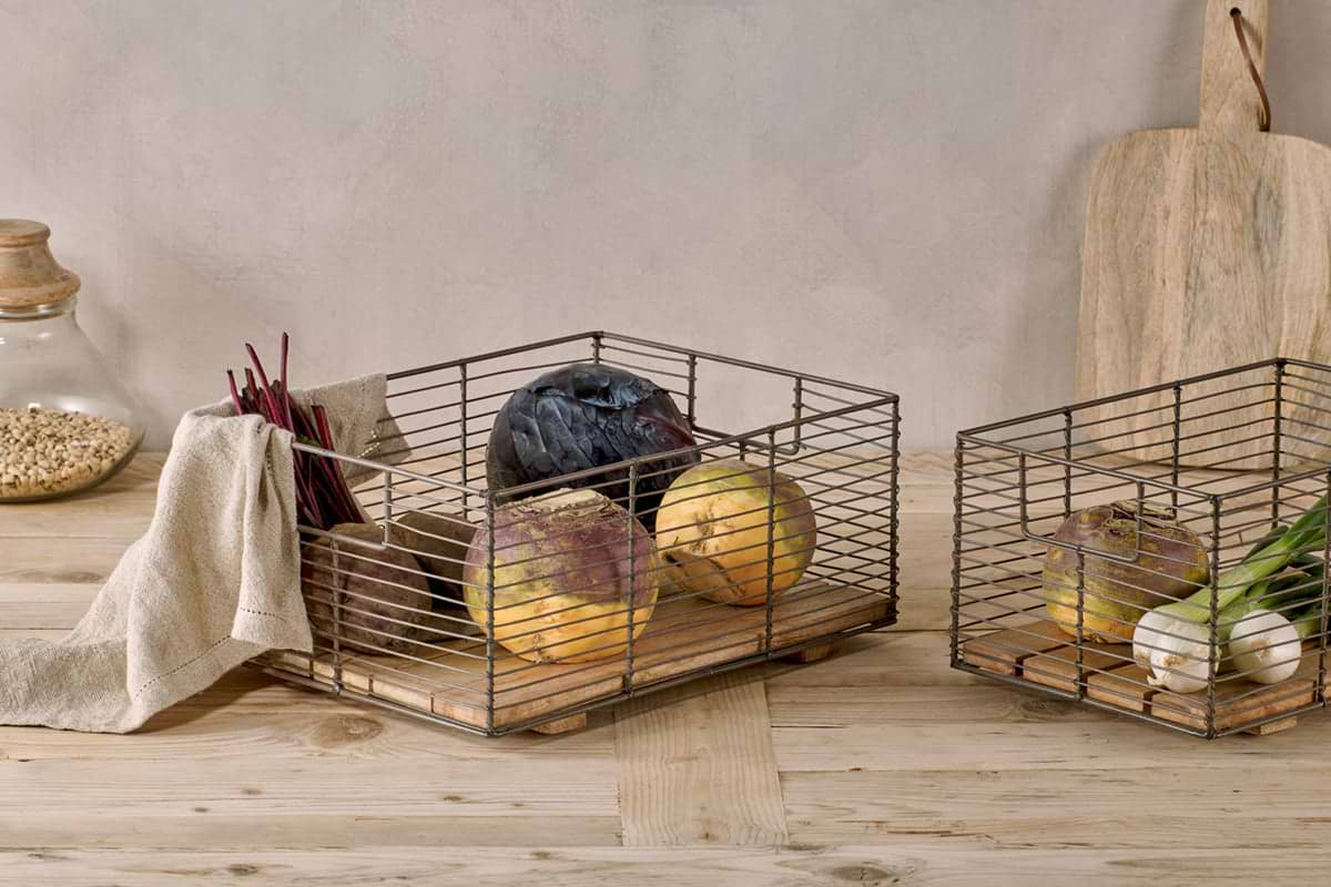 Kochi Iron & Mango Wood Baskets - Brown (Set of 2)-nkuku