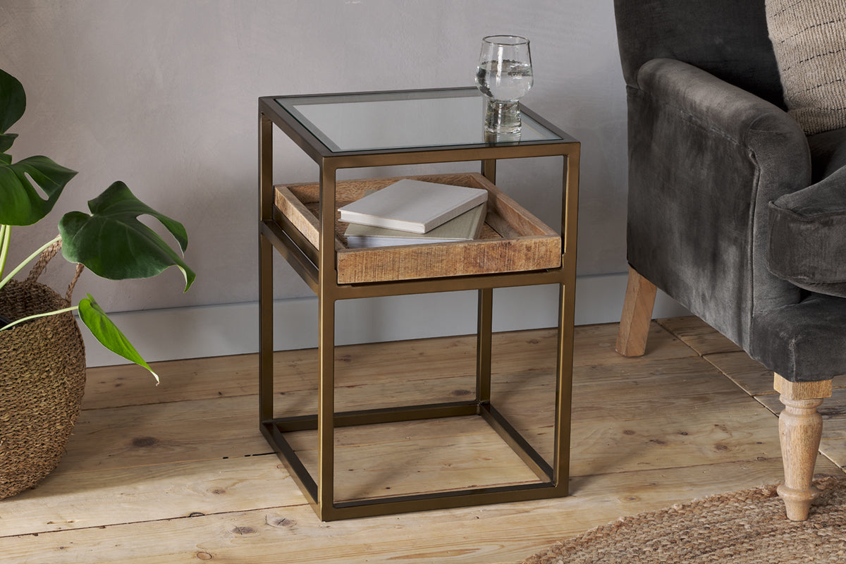 Luzon Iron & Mango Wood Display Side Table - Brass- nkuku