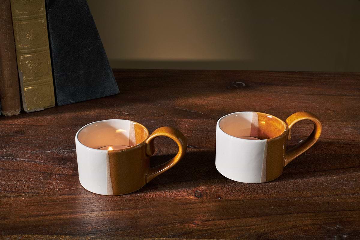 Mittee Ceramic Teacup Tealight Holder - Off White & Terracotta (Set of 2)